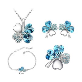 KBRPEY Four Leaf Lucky Clover Jewellery Set for Women Love Heart Crystal Pendant Necklace Bracelet Earrings Rings Lucky Clover Stainless Steel Jewellery 4 Pieces Gift for Women Holiday Anniversary,