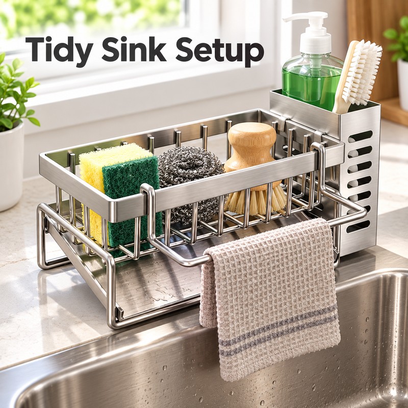 Stainless Steel Sink Cleaning Tools Storage Rack – Multifunctional Drainable