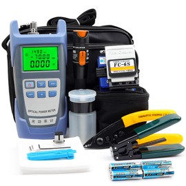 FTTH Fiber Optic Cold Connection Assembly Termination Tools Kit Bag with FC-6S Fiber Cleaver Visual Fault Locator SC FC Connector Optical Power Meter Finder Cable Tester Stripper Tool Dust Free Paper