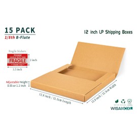 Wisaiboxl Kraft LP Mailers, 12.8x12.8x1 inch, Easy-Fold, Multi-Depth Vinyl Record Shipping Boxes with Fragile Stickers, 15 Pack