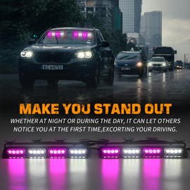 XRIDONSEN Purple White Emergency Dash Strobe Lights Safety Flashing Warning Hazard Interior Front/Rear Windshield Light Bar Deck Split w/Suction Cups for escort Vehicles Trucks (2x14 inch, 32 LED)