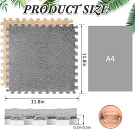 Nuanchu 32 Pcs Plush Foam Interlocking Floor Mat Climbing Area Rugs 11.8 x 11.8 Inch Square Soft Fluffy Tiles with Border Play Mat Flooring Tiles for Home Playroom Decoration (Khaki, Gray)