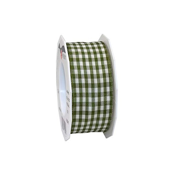PrÃ¤sent Vichy Wired Taffeta Ribbon, Olive/Cream, 40 mm-20 m