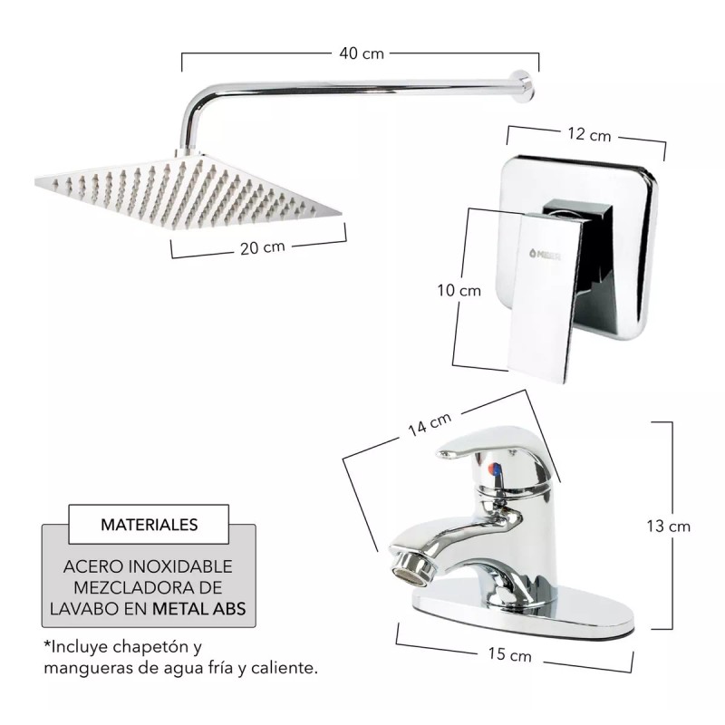Meer Faucets By Cnx Regadera Cuadrada, Tubo, Monomando Y Mezcladora