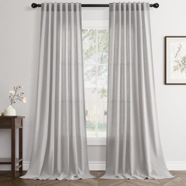 Jowels Linen Grayish White Curtains 90 inches Long for Bedroom Back Tab Privacy Light Filtering Semi Sheer Grayish White Boho Curtain Textured Modern Elegant Coastal Decor Curtains for Living Room