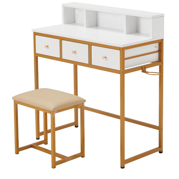 HOMHUM 32" Small PC Desk with PU Leather Stool, Vanity