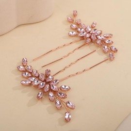 Rumtock 2pcs Pink Rhinestones Beads Hair Piece Wedding Bridal Hair Pins Set Handmade Hair Accessories (Pink)