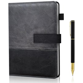 Mousbull A5 Leather Notebook with Pen, 256 Pages Hardcover Journal for Writing with Pen Holder, Lined Paper Daily Diary for Men and Women, Great Gift for Work Business Professional Travel - Black