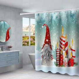 Novobey 4Pcs Christmas Shower Curtain Set with Non-Slip Rug, Toilet Lid Cover and Bath Mat, Cute Gnome Snowman Candle Winter Snowflake Shower Curtain with 12 Hooks for Christmas Bathroom Decoration