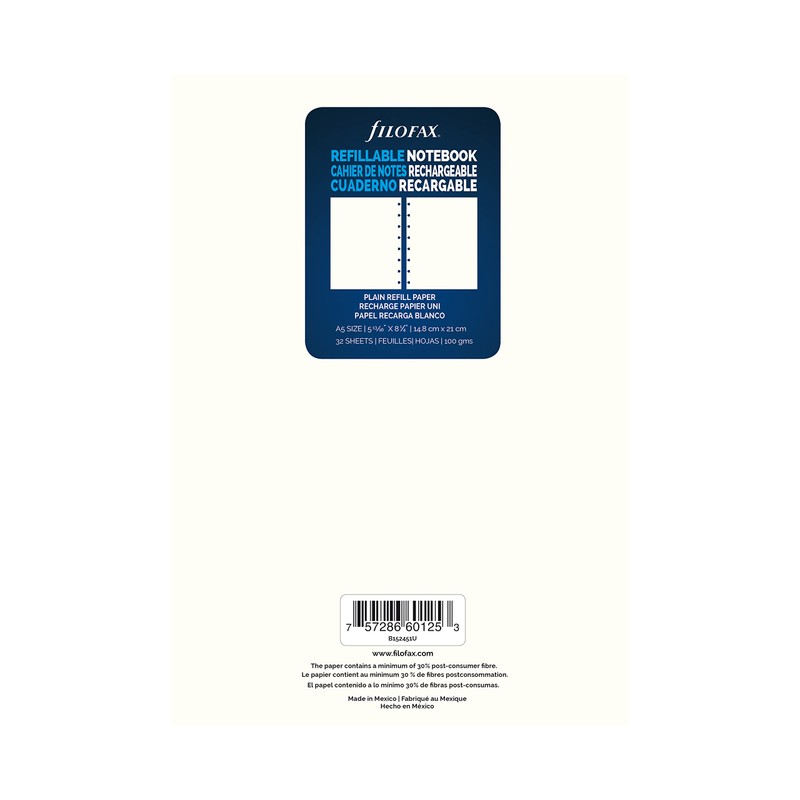 Filofax Notebooks A5 Plain Journal Refill, Movable, 8 1/4 x