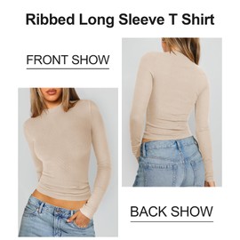 Hragc Women Long Sleeve T Shirts Crew Neck Ribbed Top for Women Apricot Small Going Out Workout Basic Tight Tee Fitted Cotton Tops