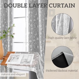 Hynathi Pack of 2 Blackout Double Layered Curtains with Sheer Overlay and Semi Floral Lace, Thermal Insulated Window Panel with Grommet Top, Room Darkneing for Bedroom, Living Room, 52x95 in, Grey