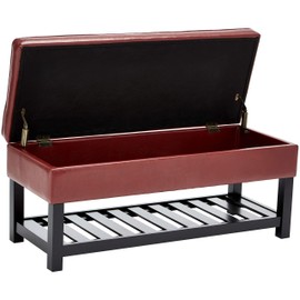 First Hill Damara Wood Storage Ottoman Bench with Open Bottom and Faux-Leather Upholstery, Earthy Red
