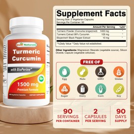 Best Naturals Turmeric Curcumin 1500mg/Serving with Bioperine - 180 Veggie Capsules