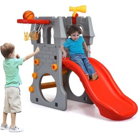 FUTADA 5-in-1 Toddler Slide, Indoor & Outdoor Playground Set with Basketball Hoop, Telescope, Crawl Through Space, Easy Climb Stairs, Kids Climber Slide Gift for Boys and Girls
