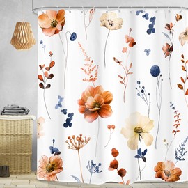 Omifly Watercolor Floral Shower Curtain 72Wx72H Inch Modern Minimalist Orange Blue Flower Spring Botanical Wildflower with 12 Plastic Hooks Fabric Waterproof Toilet Accessories Decor