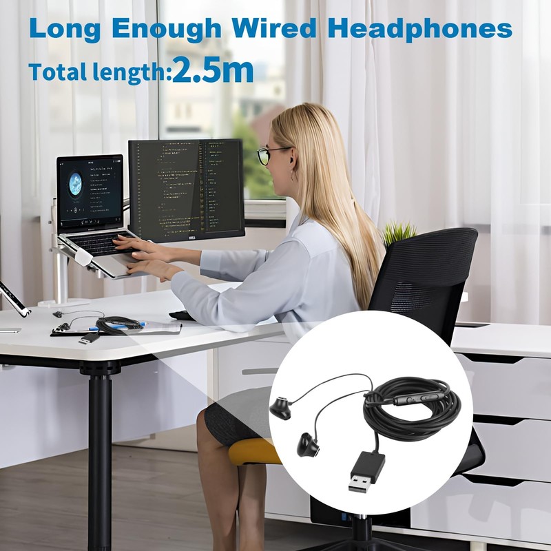 Quwem USB Earphones for PC with Microphone,2.5m Computer Headphones with