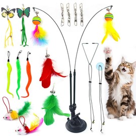 Yakiter 20Pcs Juguetes para Gatos Interactivos,2 Juguetes de Raton de Colores con Campanas,Varita Juguete para Gato,Ventosa Fija,Cuerda Pegajosa,Mejor