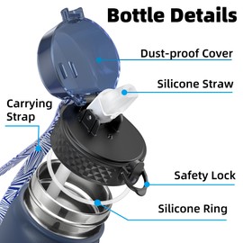 OLDLEY Stainless Steel Water Bottle with Straw 1L Vaccum Insulated Large Drink Flask Metal Water Bottles 1 Litre Leakproof Keep Drinks Hot Cold for Sports Bike Gym Adult Women Men(Navy Blue, 1 Lid)