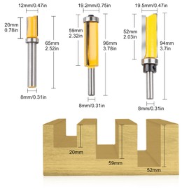 3 x 8 mm flush cutter shank, 8 mm shaft router, for woodworking, top/bottom bearing flush trim bit