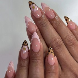 MISUD Press on Nails - Medium Almond Glue on Nails with Cheetah French Tip, Acrylic Pink Flower Design 24 pcs
