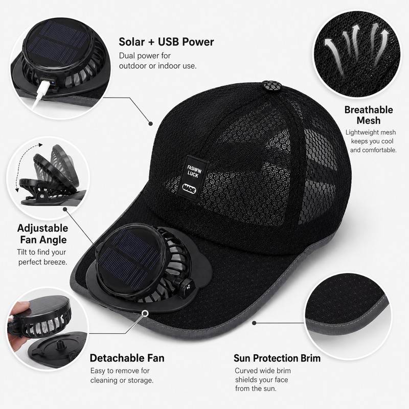 Solar Powered Fan Cap for Outdoor Cooling – USB Rechargeable