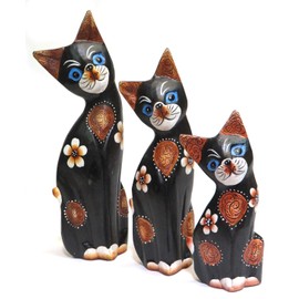 Purity Style Wooden Cat Gift Fair Trade, Hand Carved Set of 3 Painted Cats - 26cm, 19cm and 14cm tall