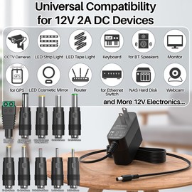 12V 2A Power Supply 12 Volt AC Adapter with 10 Interchangeable Jacks, DC 12V Power Cord Replacement Universal 12V Charger for LED Strip Light for CCTV Camera for BT Speaker for GPS, Webcam, Router