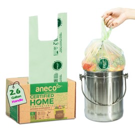 ANECO ANECO 100% Compostable Food Waste Bags 2.6 Gallon With Handles, Small Compost Bags for Countertop Bin, OK Compost HOME & BPI Certified Compostable Kitchen Food Waste Bag (45 Count)