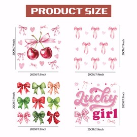 SUPERDANT 4 Pcs Lucky Girl Heat Transfer Stickers Bow Iron on Patches Decals Pink Elements Iron on Sticker Patch Washable Transfer Decal for Girl's Clothing T-Shirt Canvas Bag DIY Decors