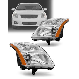 fit Headlight Nissan Sentra 07 08 09 Compatible with Sentra 2007-2009 Headlamp Chrome Housing Amber Reflector Replacement Pair Left and Right Sides