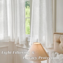 45 Inch Length Greyish White Sheer Linen Curtains for Kitchen Bedroom Bathroom Window,34 Inch Width Pocket Back Tab Semi Privacy Short Drapes for Laundry Basement Farmhouse Decor 34x45 Inch Length