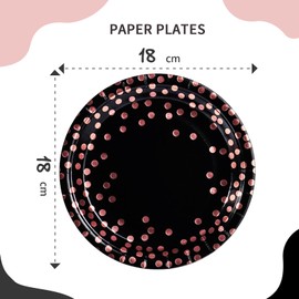 AIPartywar Party Paper Plates, 50-Pack Disposable Black and Rose Gold Plates, Foil Polka Dots, 7-Inch Dinner Plates for Graduation Wedding Birthday Party