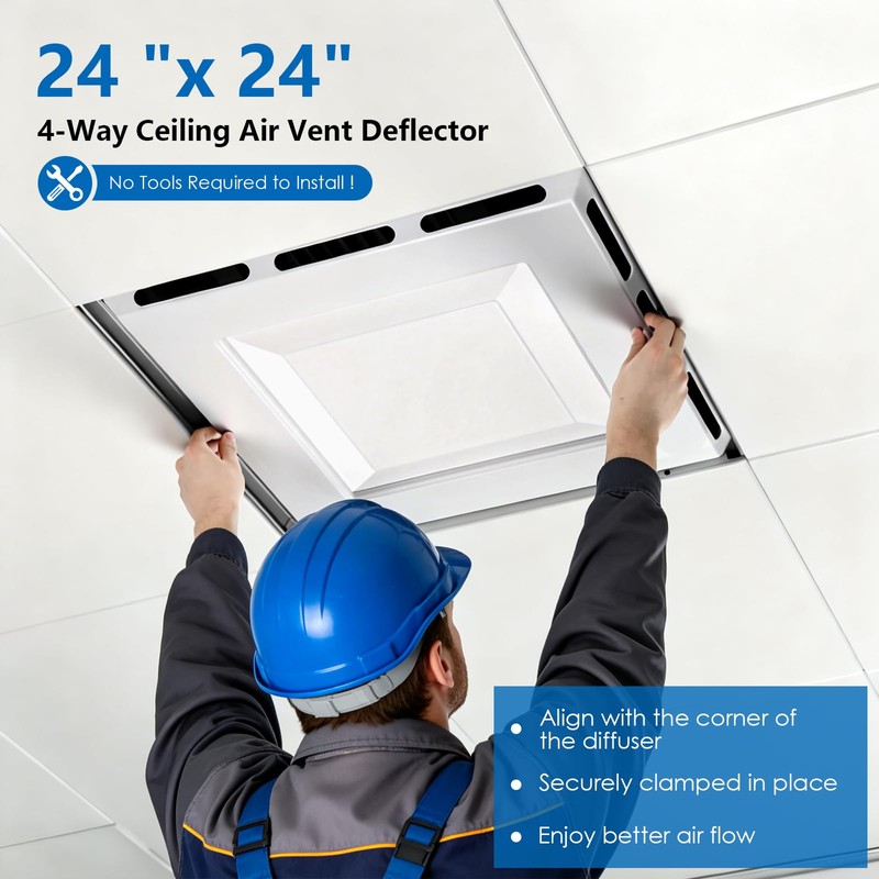 24" x 24" 4-Way Ceiling Air Vent Deflector, Heavy-Duty Plastic