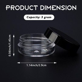 100 Count 3 Gram Sample Containers, Clear Lip Balm Containers with Lids, Small Plastic Sample Jars with 8 Mini Spoons, 100pcs Labels (Black Lid)