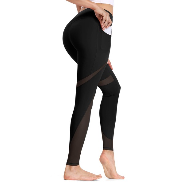 ALONG FIT Soft Mesh Yoga Pants with Side Pockets Workout High Waist Breathable Stretchy Leggings for Women