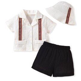 KOZBY Toddler Baby Boy Summer Outfit Embroidered Mexican Guayabera Shorts Set with Hat Black 12-18 Months