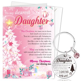 DPKOW Daughter Christmas Card Keyring Gifts, Pink Christmas Card with Envelope, Pink Christmas Greeting Card Xmas Keyring for Daughter, Christmas Birthday Gifts for Daughter Xmas Card Christmas Tree