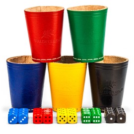 Waldfelsen® 5 Genuine Leather Dice Cups (9 cm) with 30 Wooden Dice (16 mm) Made of Beech Wood Leather Cup Dice Set Eye Cube Game Dice (Colours: Blue, Red, Yellow, Green & Black)