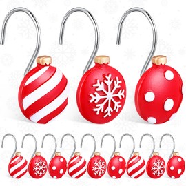 Zhengmy 12 Pcs Christmas Shower Curtain Hooks Small Red Christmas Balls Shower Curtain Rings White Snowflake Holiday Shower Hooks Decorative Holiday Bathroom Accessories for Winter Bathroom Decoration