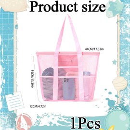 Mesh Beach Bag, Large Beach Bag with Zipper, Foldable Beach Tote Bag for Women, Pink Beach Bag for Beach, Travel, Shopping, Gym, School, Work, Swimming and Daily Use (Pink)