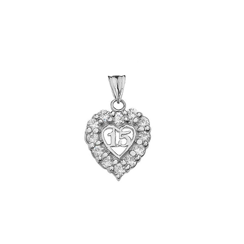 Dainty Sterling Silver 15 Anos CZ Quinceanera Heart Pendant Necklace,