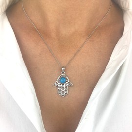 Silverly Women's .925 Sterling Silver Simulated Turquoise Hamsa Hand Pendant Necklace, 46 cm