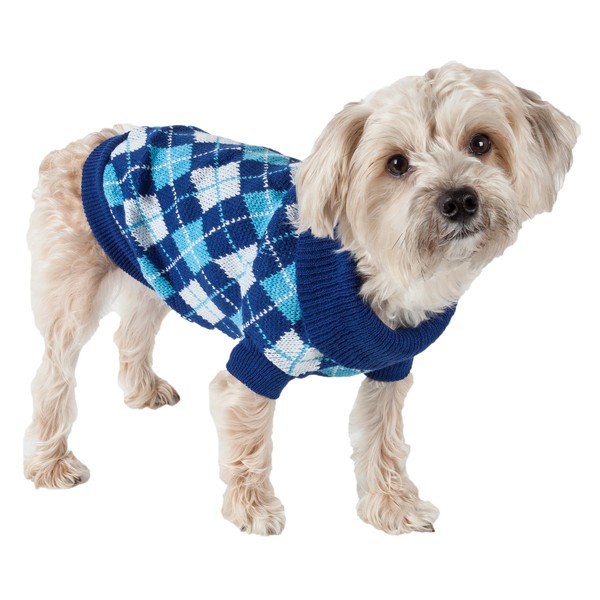 PET LIFE 'Argyle Style' Ribbed Fashion Designer Pet Dog Sweater, Small, Black/Blue Argyle