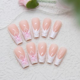 24Pcs French Tip Press on Nails Long Coffin Flower Fake Nails 3D Design Glue on Nails Pink Floral Acrylic Nails Spring False Nails Nude Pink Full Cover Stick on Nails Cute Artificial Nails for Women