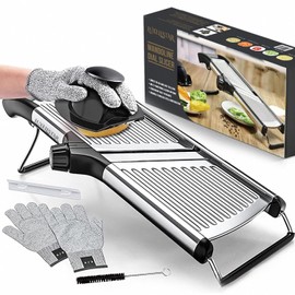 LUXELLSTAR Mandoline Slicer with Adjustable Blades, Potato Slicer, Onion Slicer, Tomatoe Slicer, Vegetable Slicer with Cut-Resistant Gloves, Cleaning Brush and Interchangeable Blades