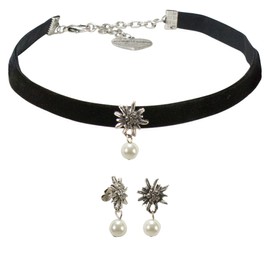 Alpenflüstern Costume Jewellery Set Costume Velvet Choker and Earrings Rhinestone Edelweiss – Women's Costume Jewellery Set Costume Necklace and Costume Earrings (in Black or Cream-White) SET060, Zinc