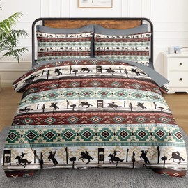 WeCozy 7 Pcs Queen Size Comforter Set with 2 Pillowcases & 2 Shams, Cowboy Horses Tribal Ethnic Bedding for Kids and Adults, Retro Vintage Western Bed in a Bag with Flat Fitted Sheet