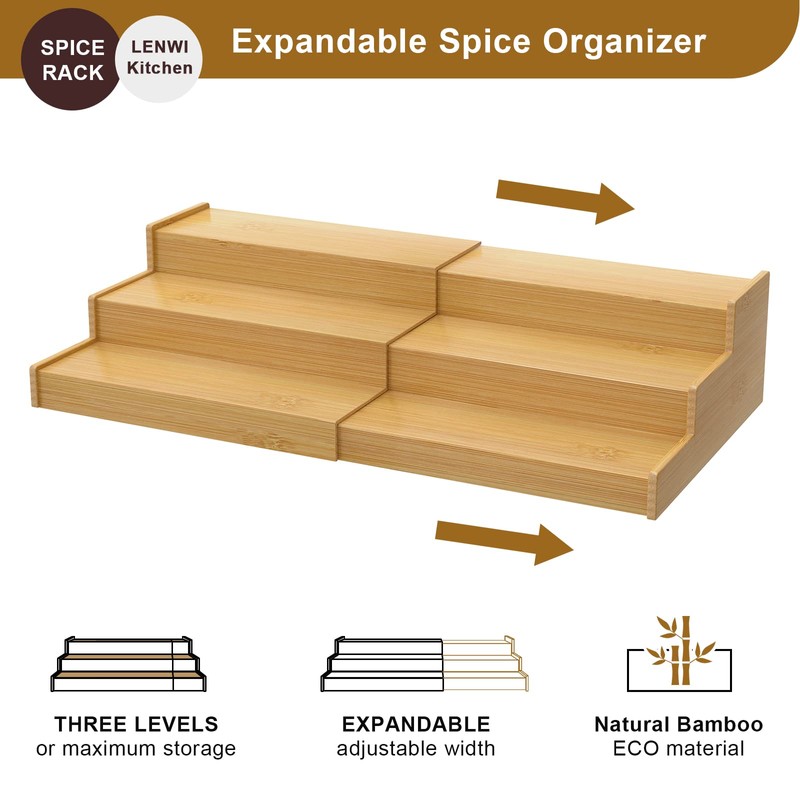 Lenwi Spice Rack Organizer for Cabinet, 3 Tier Expandable Bamboo