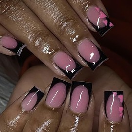 SWEKKE Valentines Press on Nails Short Square French Tip Petite Fake Pink Full Cover Heart False with Designs Black Nail Glossy Glue Acrylic Artificial for Women Girls 24Pcs